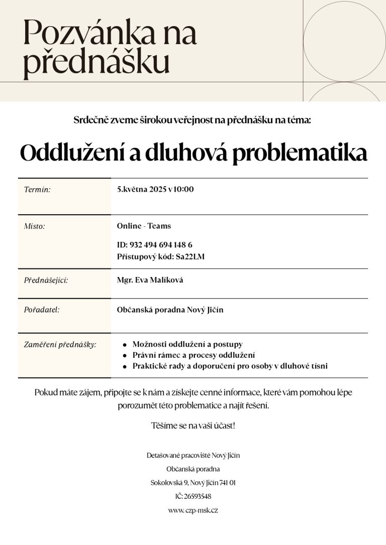 Pozvánka na přednášku – Oddlužení a dluhová problematika