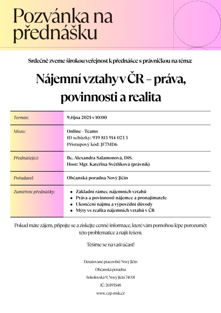 POZVÁNKA NA ONLINE PŘEDNÁŠKU: Nájemní vztahy v ČR – práva, povinnosti a realita