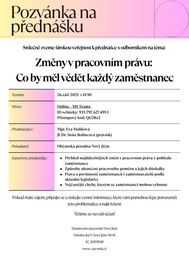 Pozvánka na online přednášku pro širokou veřejnost na téma „Změny v pracovním právu: Co by měl vědět každý zaměstnanec“