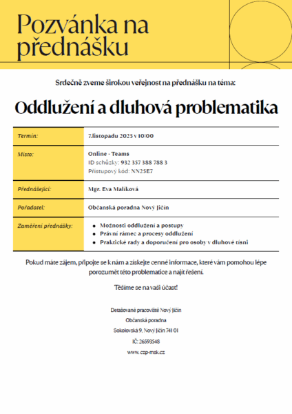 Pozvánka na bezplatnou online přednášku: Oddlužení a&nbsp;dluhová problematika 7.&nbsp;11.&nbsp;2025