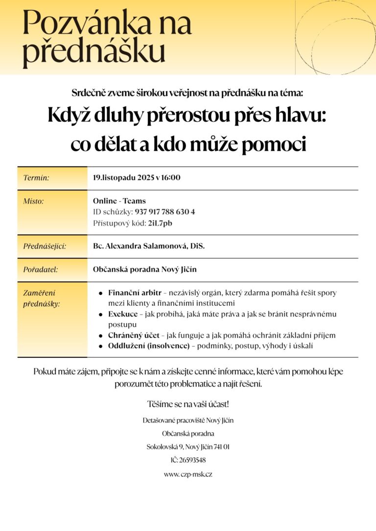Pozvánka na online přednášku – Když dluhy přerostou přes hlavu: co dělat a kdo může pomoci