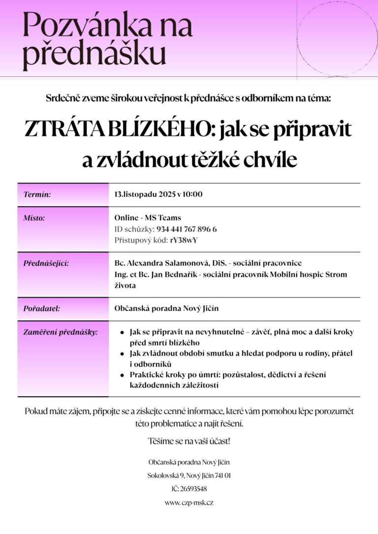 Pozvánka na bezplatnou online přednášku „Ztráta blízkého: jak se připravit a zvládnout těžké chvíle“, 13. 11. 2025