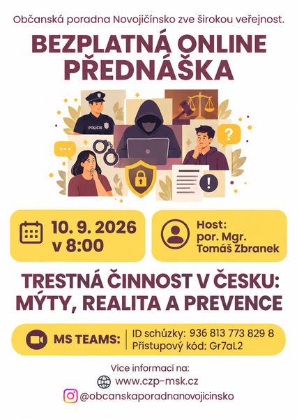 Pozvánka na bezplatnou online přednášku: Trestná činnost v&nbsp;Česku – mýty, realita a&nbsp;prevence