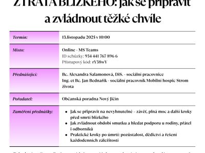 Pozvánka na bezplatnou online přednášku „Ztráta blízkého: jak se připravit a zvládnout těžké chvíle“, 13. 11. 2025